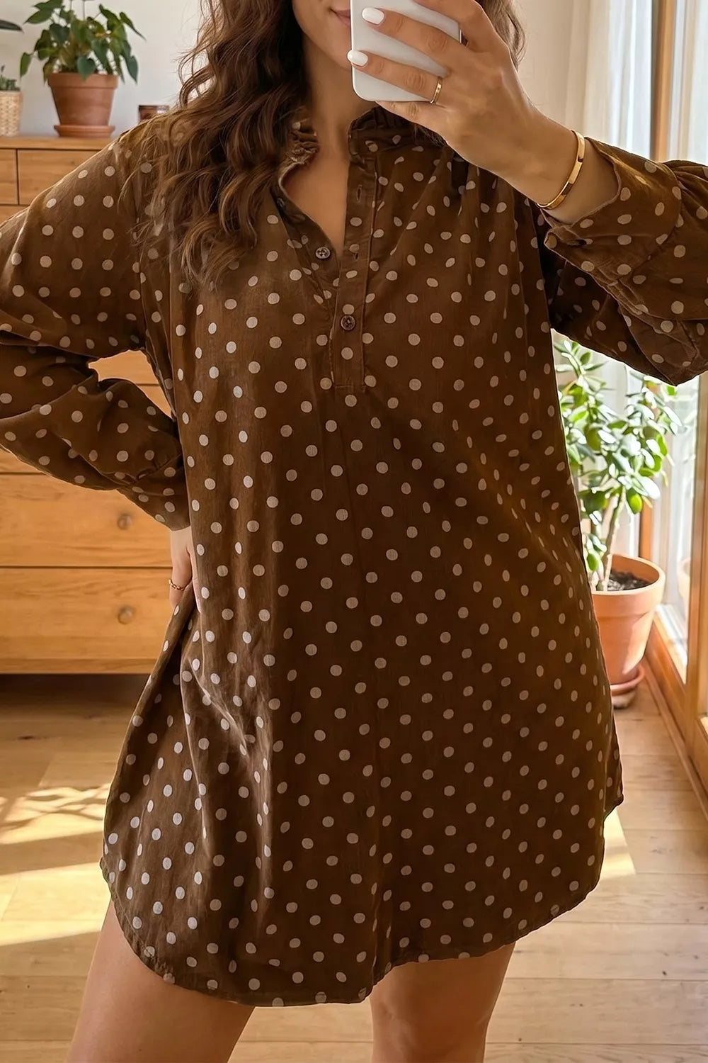 Brown polka dot V-neck long sleeve button shift dress, image 2