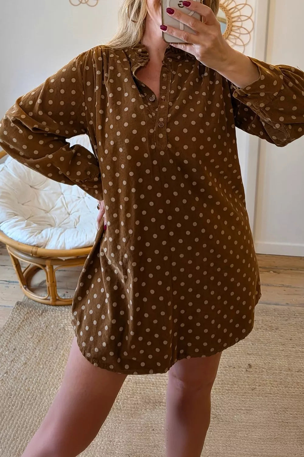 Brown polka dot V-neck long sleeve button shift dress, front view