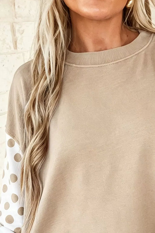Tan crew neck sweatshirt with polka dot sleeves, image 2