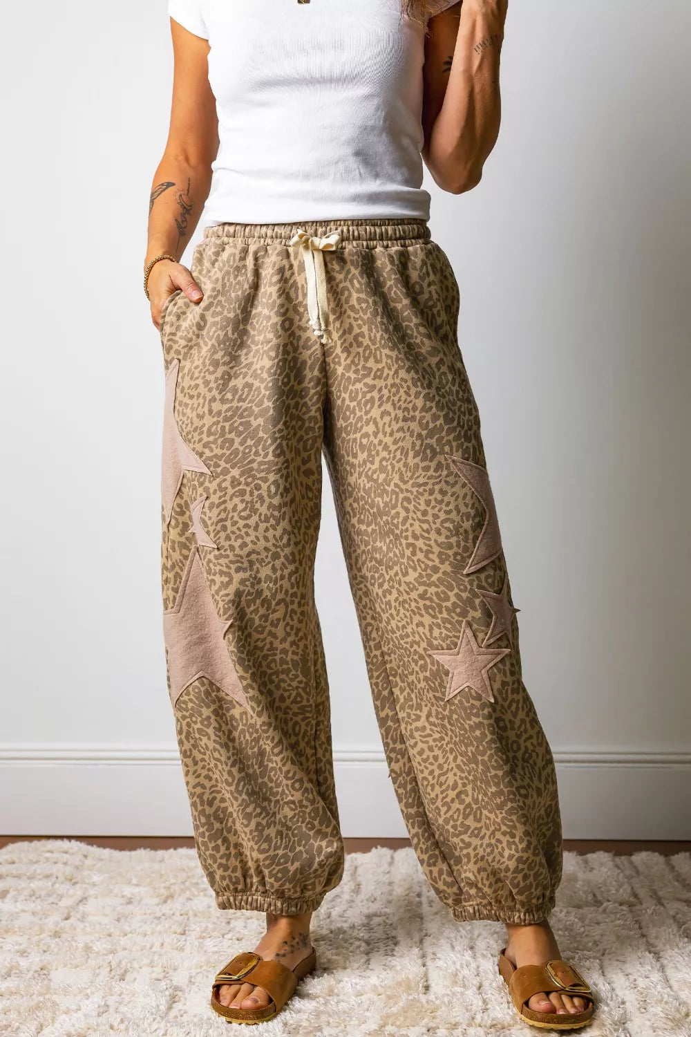 Leopard print star patch loose drawstring pants, front view