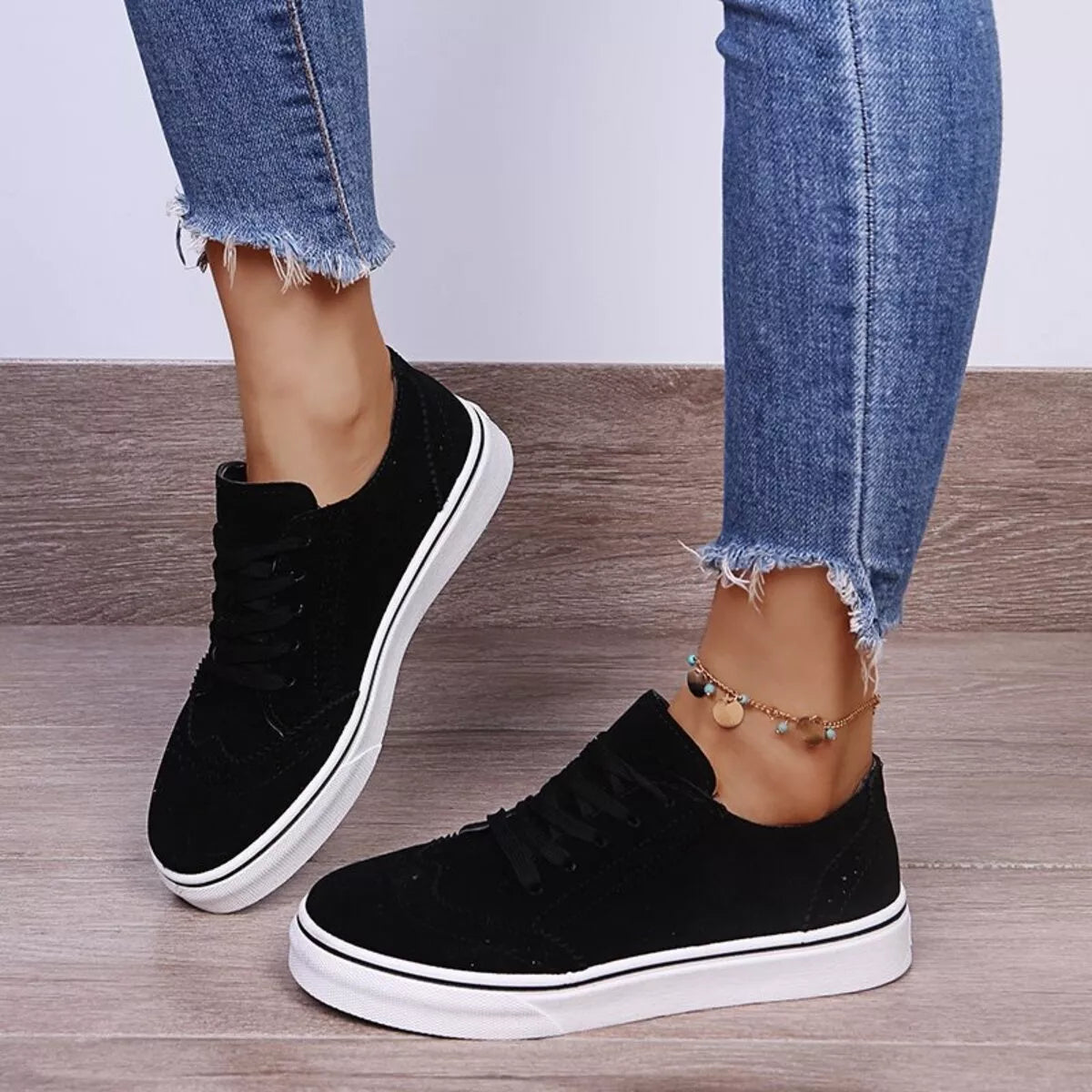 Women's lace up round toe flat sneakers, side view
