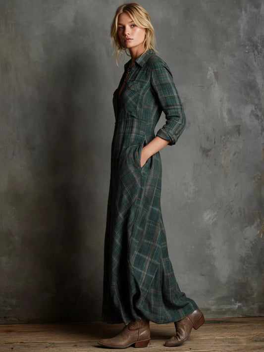 Dark green vintage plaid button-down maxi shirt dress, image 2