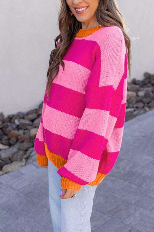 Hot pink color-block striped dropped shoulder sweater, image 2