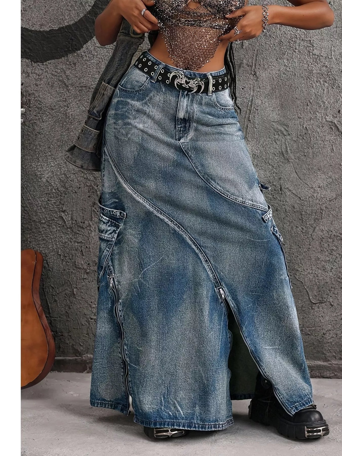 High-waisted blue denim maxi skirt with zipper slit, front view