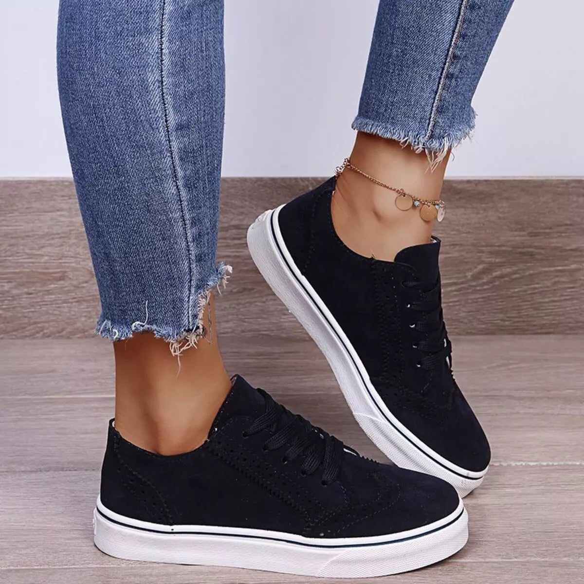 Women's lace up round toe flat sneakers, image 2