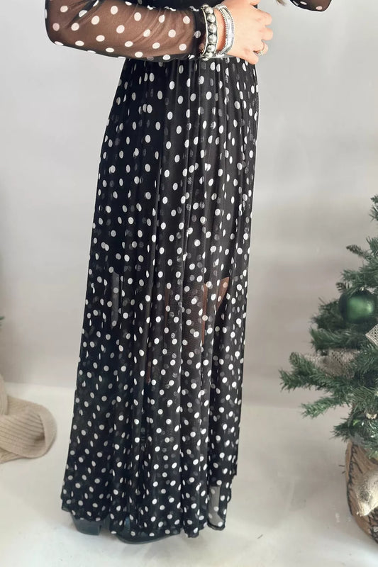 Black polka dot sheer mesh long sleeve maxi dress, image 2