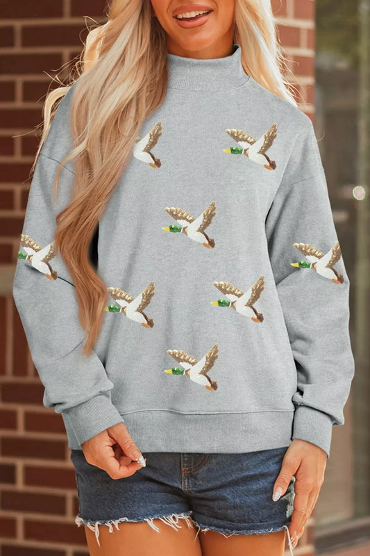 Gray sequin mallard graphic mock neck baggy sweatshirt, image 2