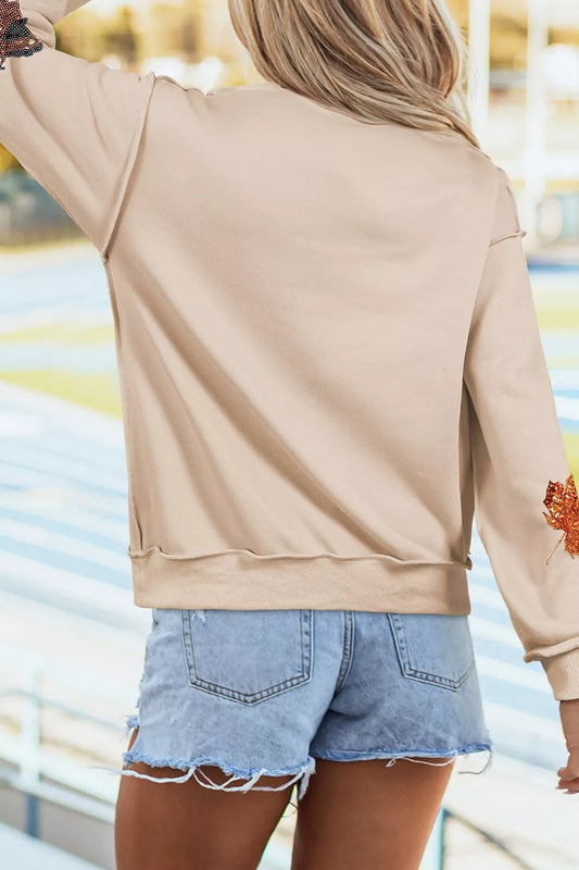 Khaki sequin turkey leaf graphic mock neck sweatshirt, image 2