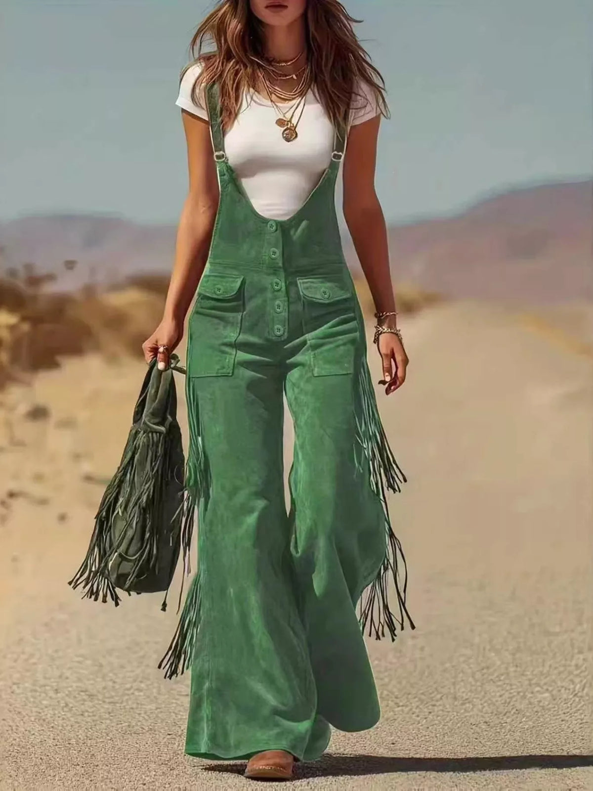 Fringe detail flare leg overalls, front view