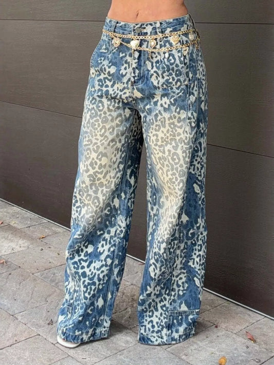 High-waisted leopard wide-leg jeans, image 2