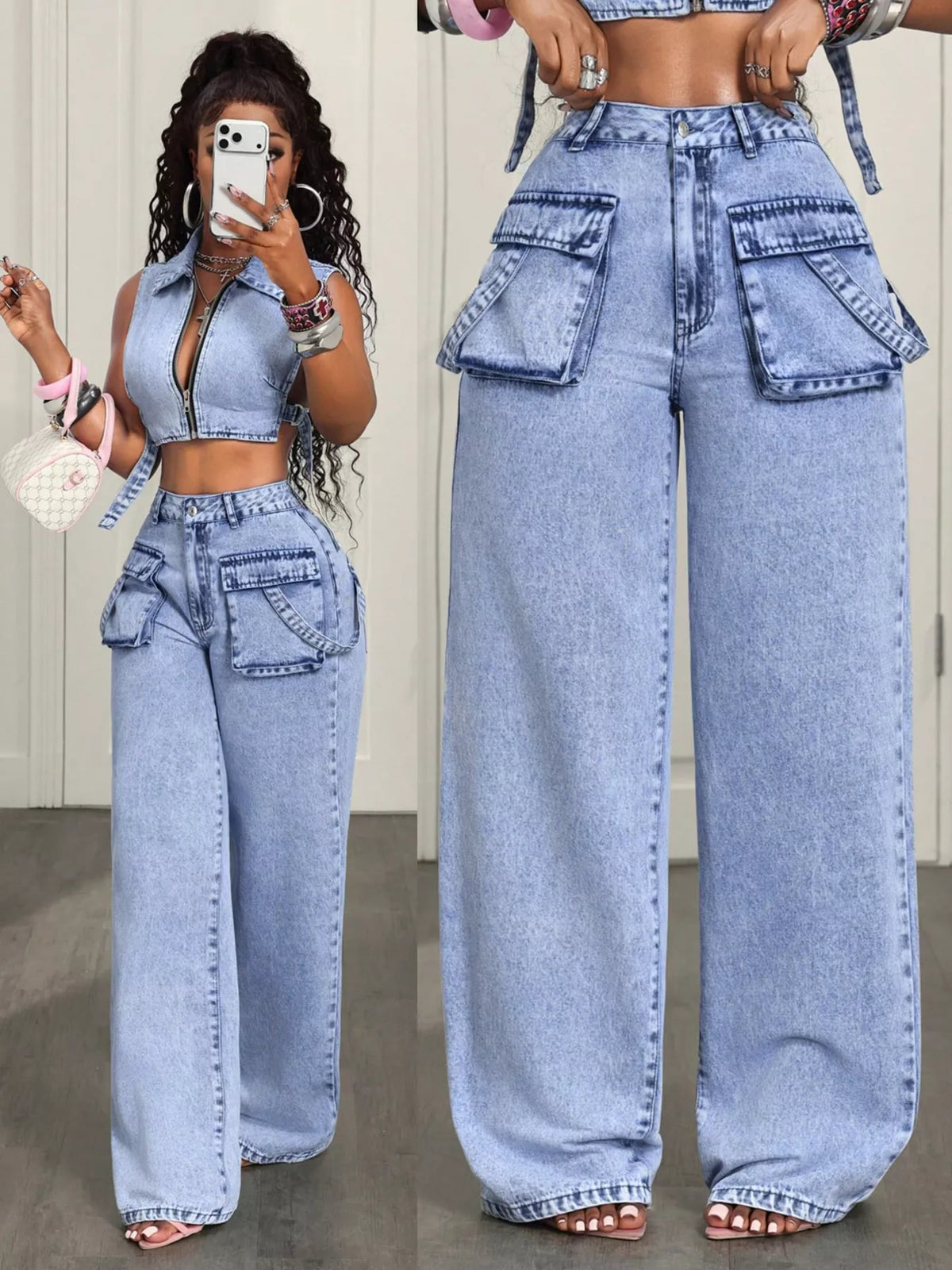 Blue high-waisted wide-leg cargo jeans, front view