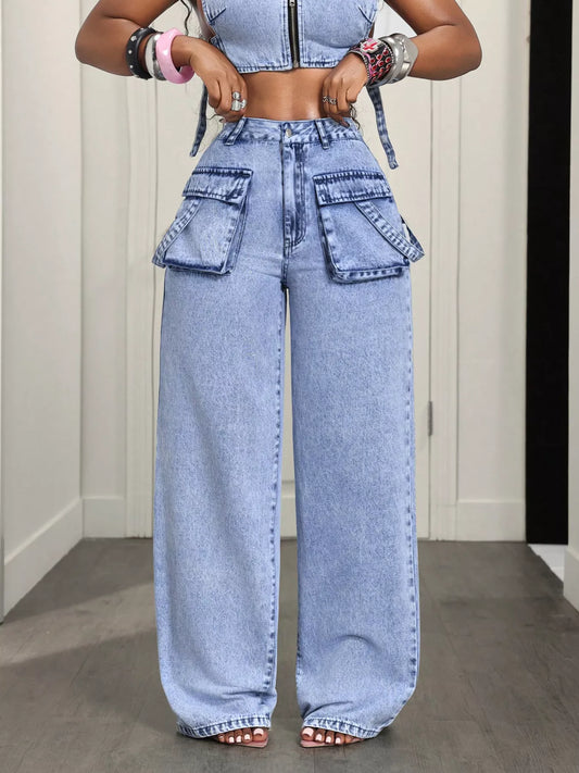 Blue high-waisted wide-leg cargo jeans, image 2