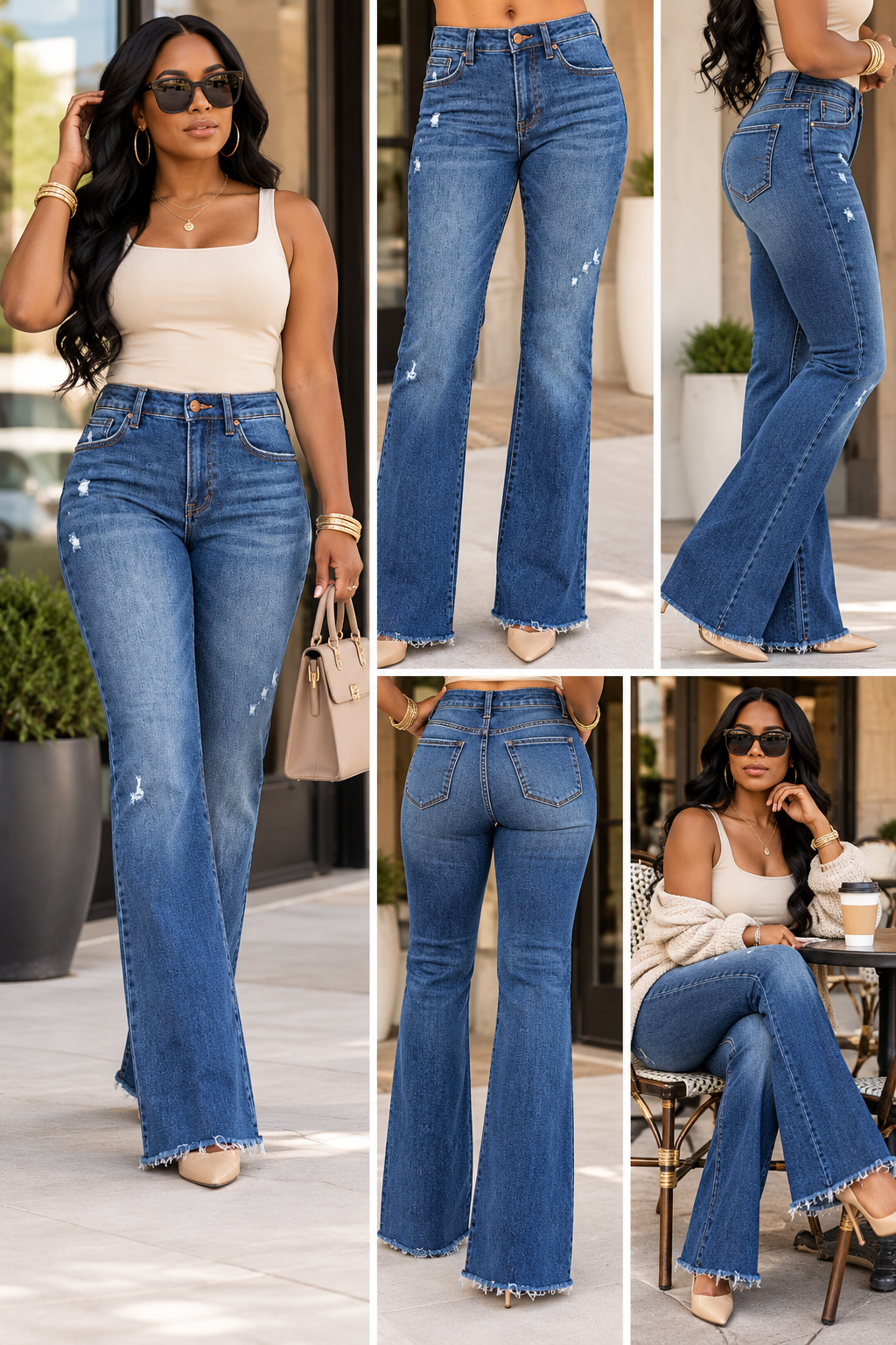 Risen distressed flare jeans multiple lifestyle styling views