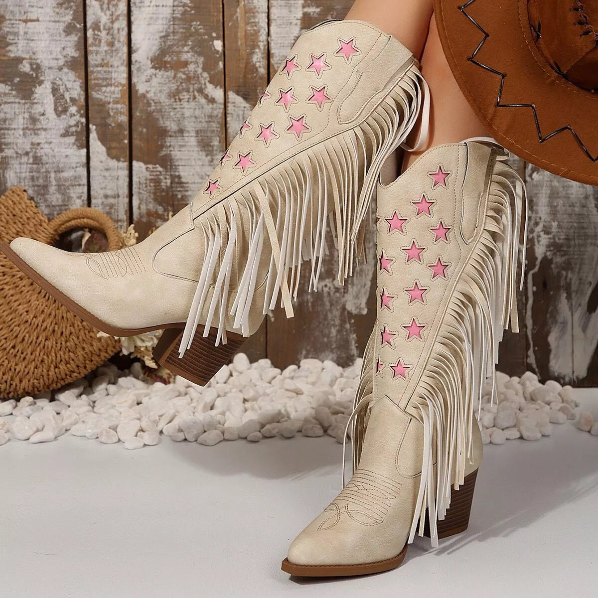 Ivory suede star fringe block heel boots, image 3