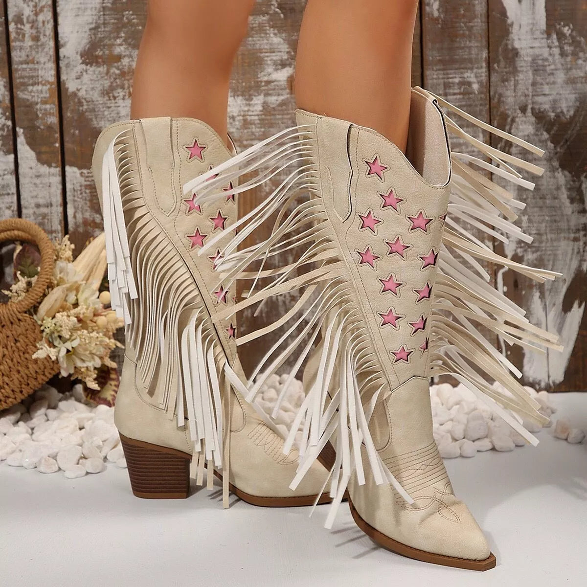 Ivory suede star fringe block heel boots, image 4