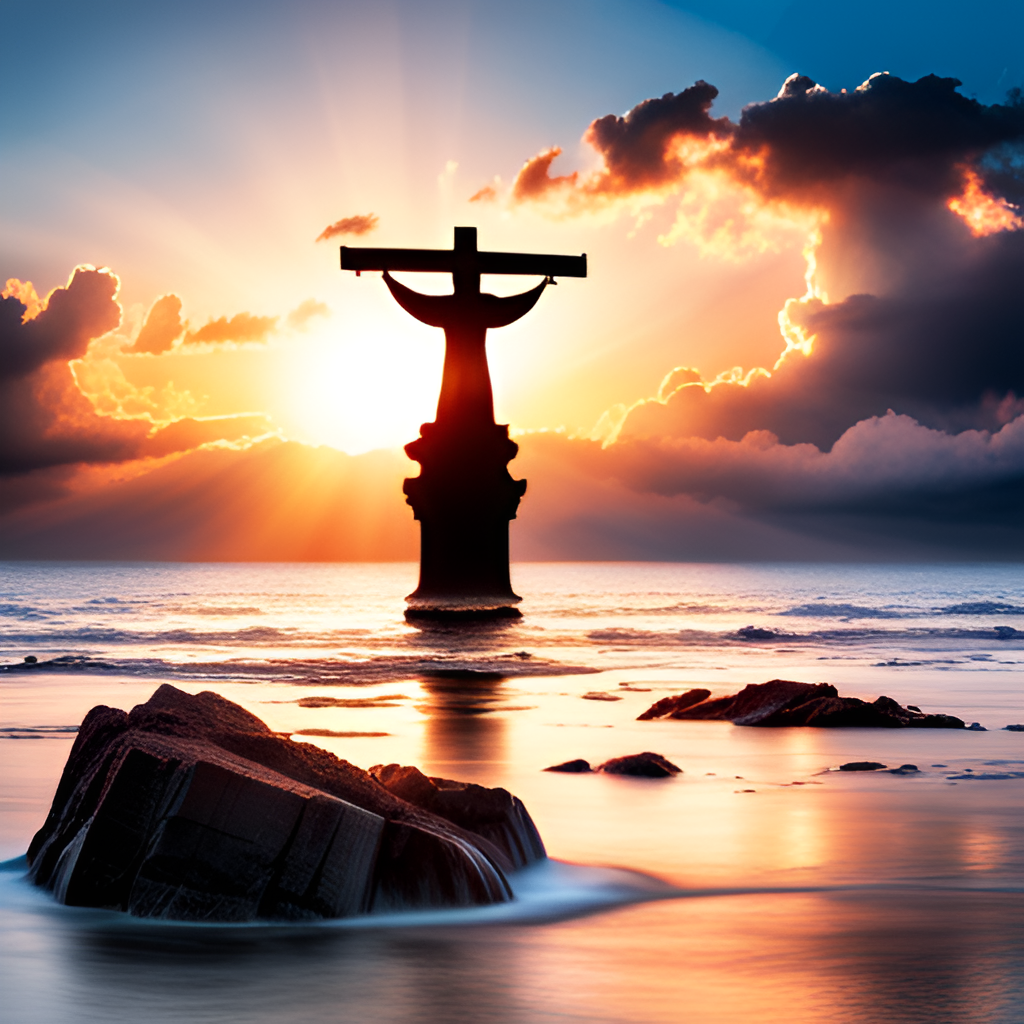 Christian image of shadow cross in sun over water