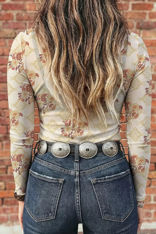 Pastel yellow floral print mock neck long sleeve top, image 2
