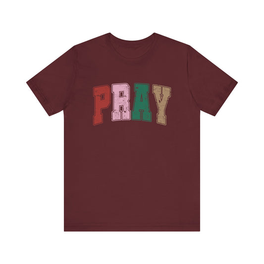 Varsity Pray Christian graphic t-shirt, front view