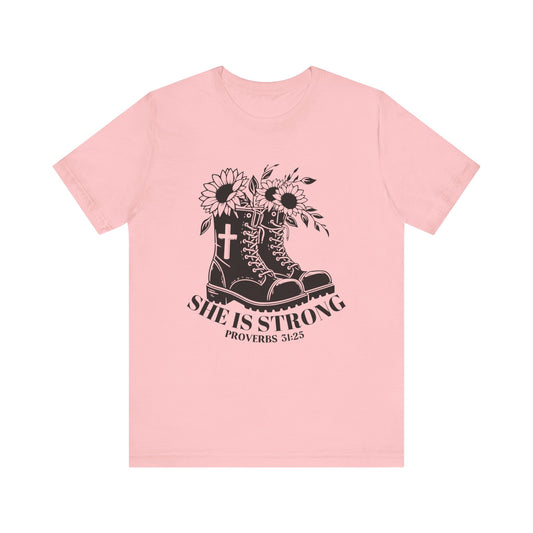 She is Strong Proverbs 31 Christian t-shirt, front view