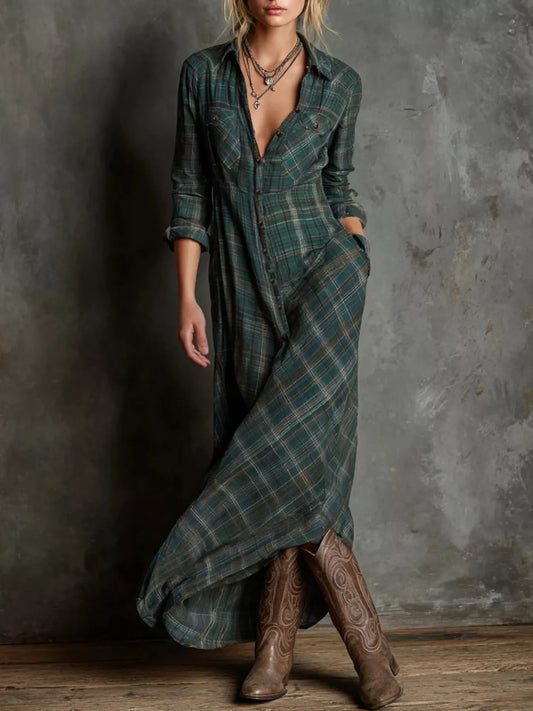 Dark green vintage plaid button-down maxi shirt dress, front view