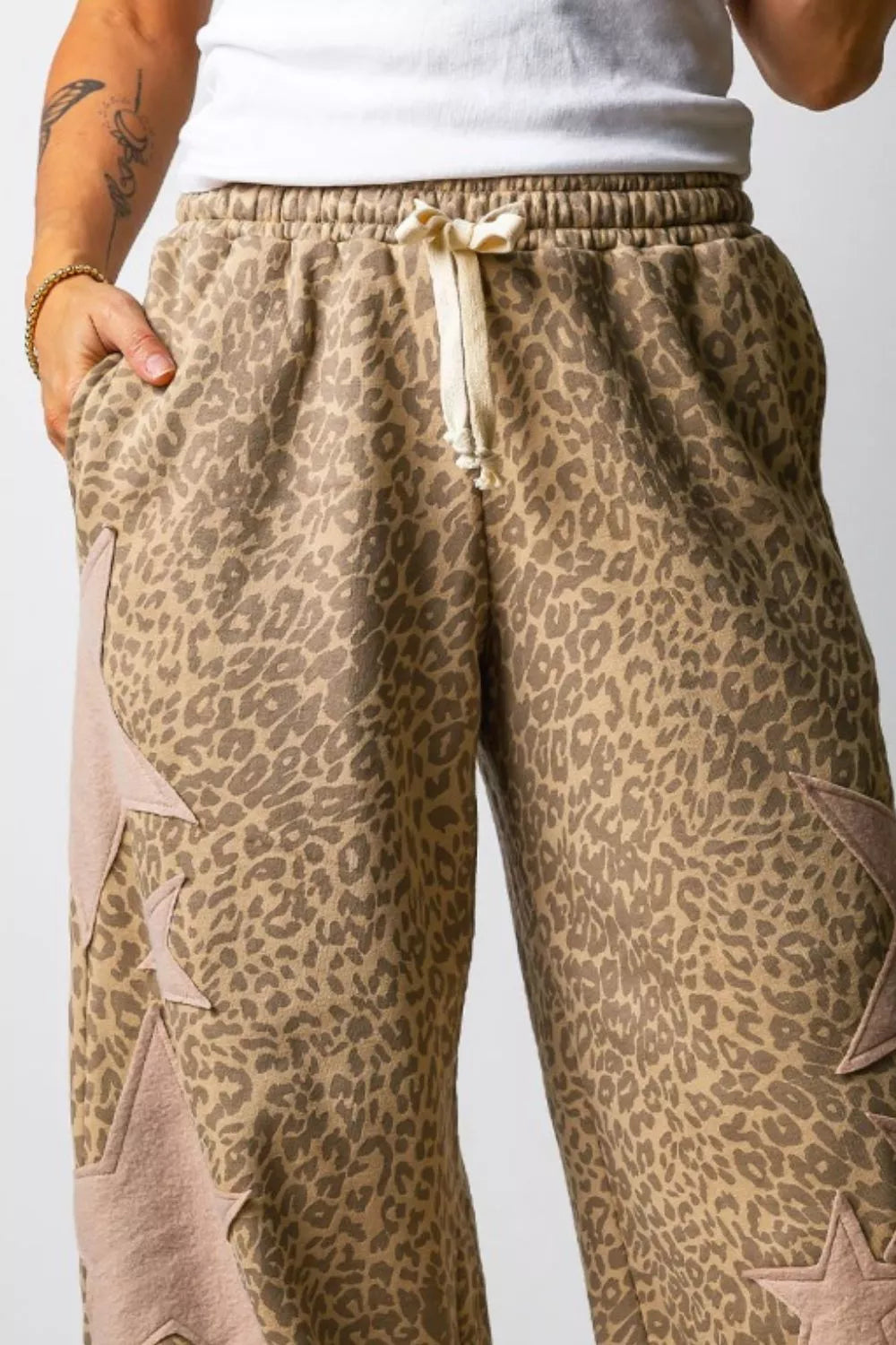 Leopard print star patch loose drawstring pants, image 3