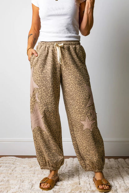 Leopard print star patch loose drawstring pants, front view
