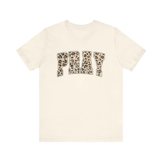 Leopard Pray Christian graphic t-shirt, front view
