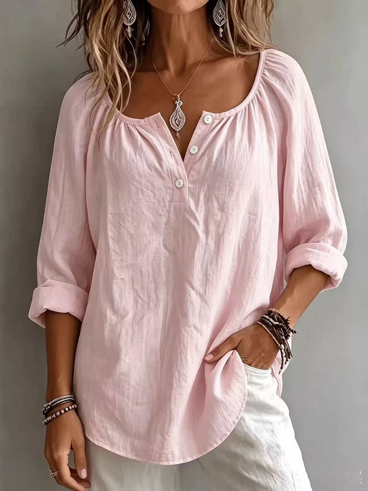Women's button detail long sleeve top, front view