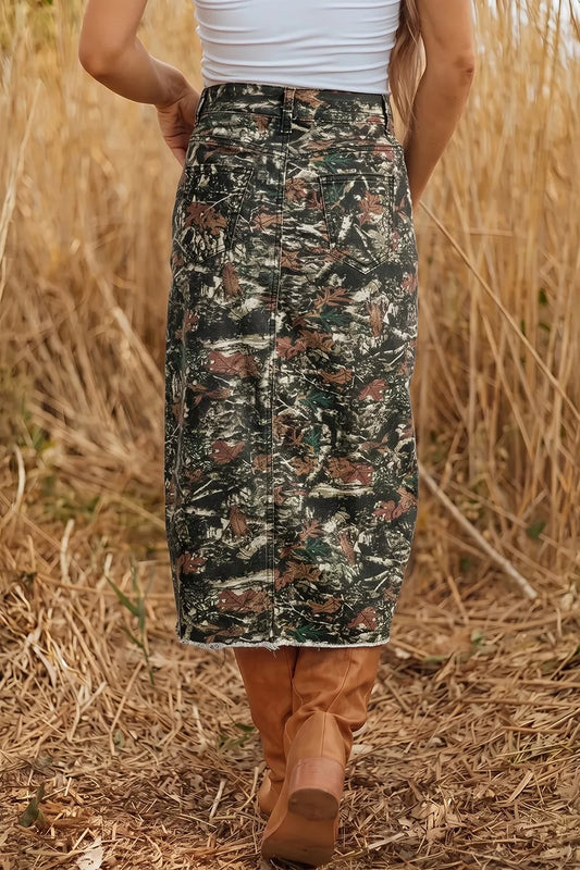 Dark green printed denim midi skirt with side slit, image 2