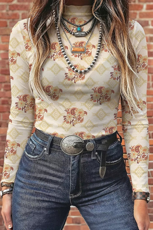 Pastel yellow floral print mock neck long sleeve top, front view