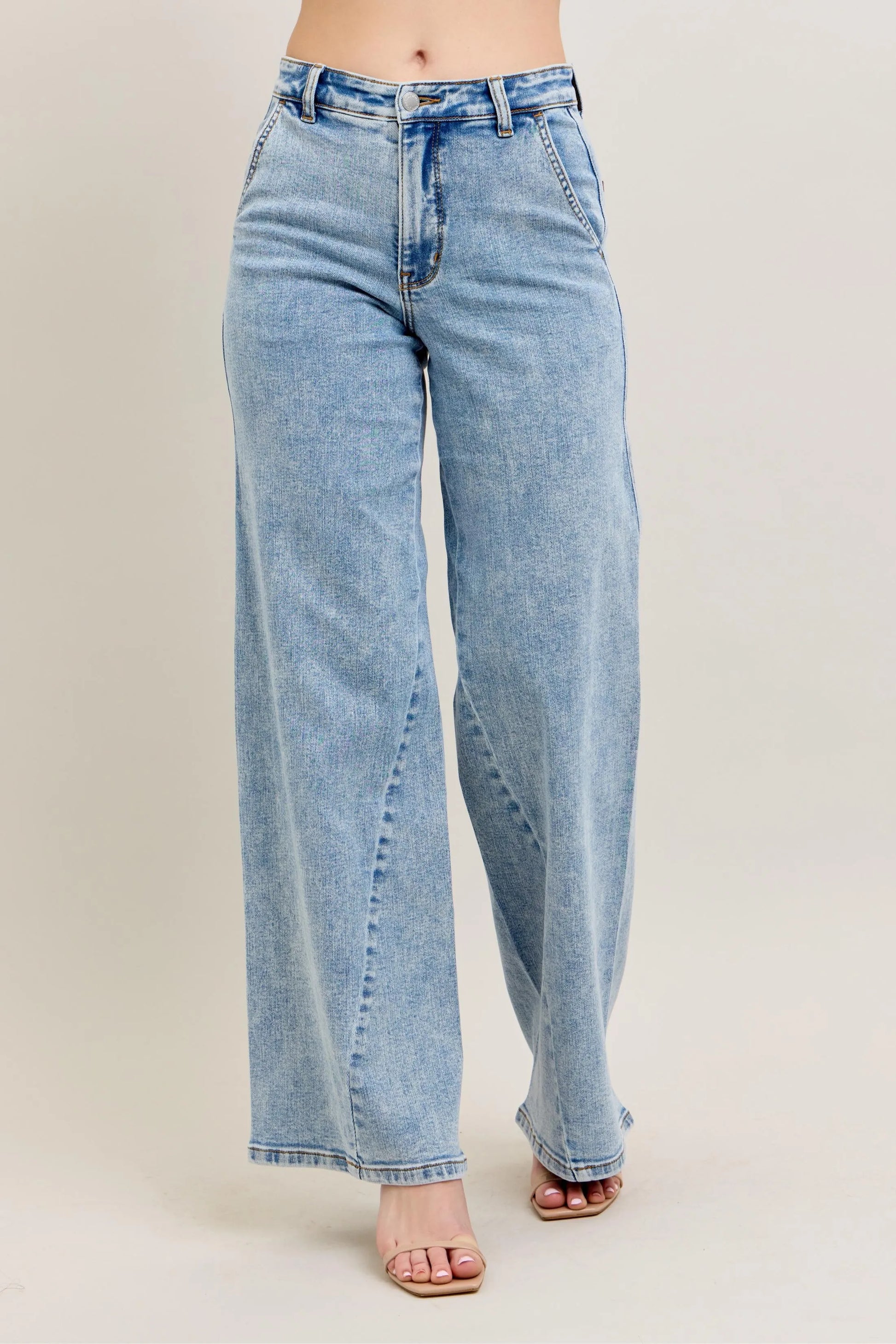 Judy Blue High Waist Wide Leg Jeans with Skewed Inseam – Front View