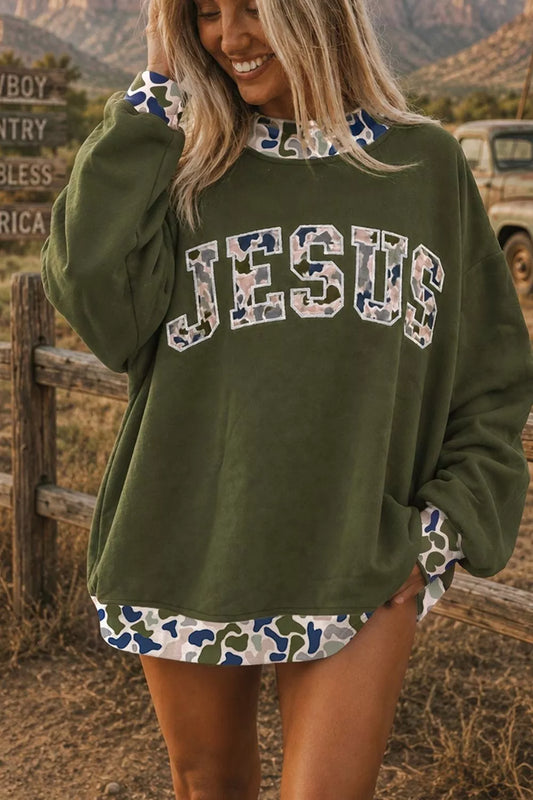 Army green camo JESUS graphic oversized sweatshirt, front view