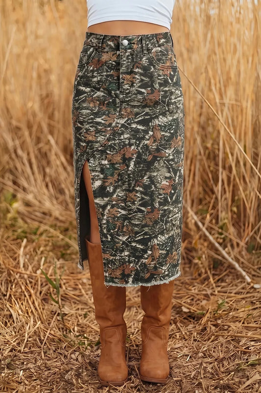 Dark green printed denim midi skirt with side slit, front view