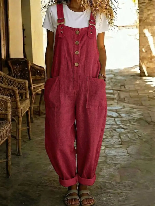 Casual button front wide leg overalls, front view