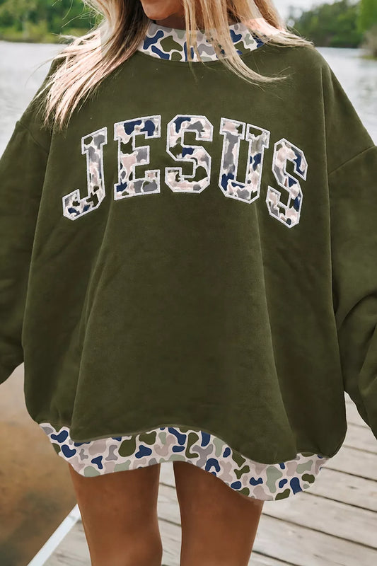 Army green camo JESUS graphic oversized sweatshirt, image 2