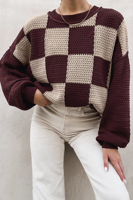 Brown checkerboard dropped shoulder sweater, front view
