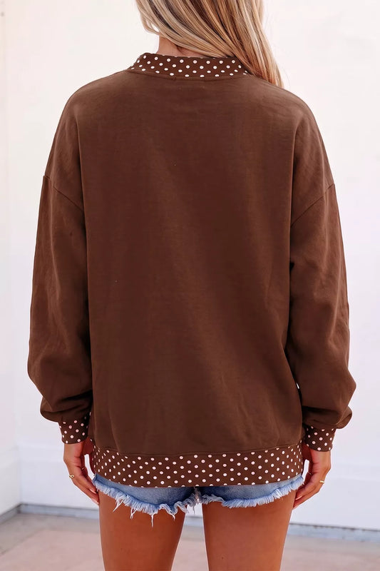 Dark brown PRAY graphic sweatshirt with polka dot trim, image 2