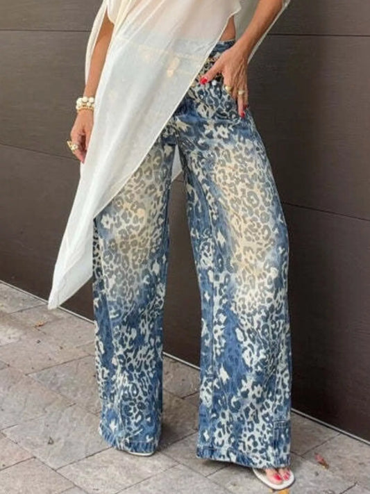 High-waisted leopard wide-leg jeans, front view