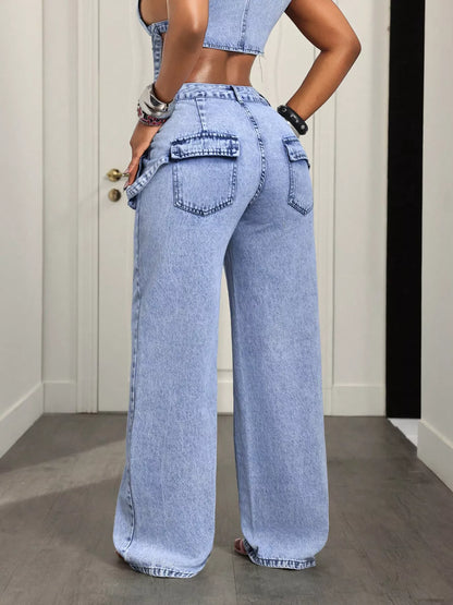 Blue high-waisted wide-leg cargo jeans, image 5