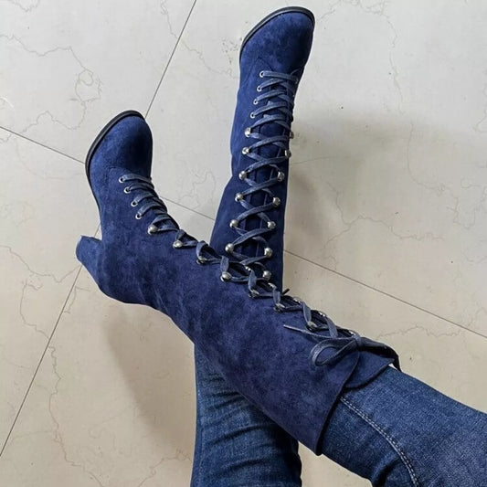Lace up suede block heel boots, side view
