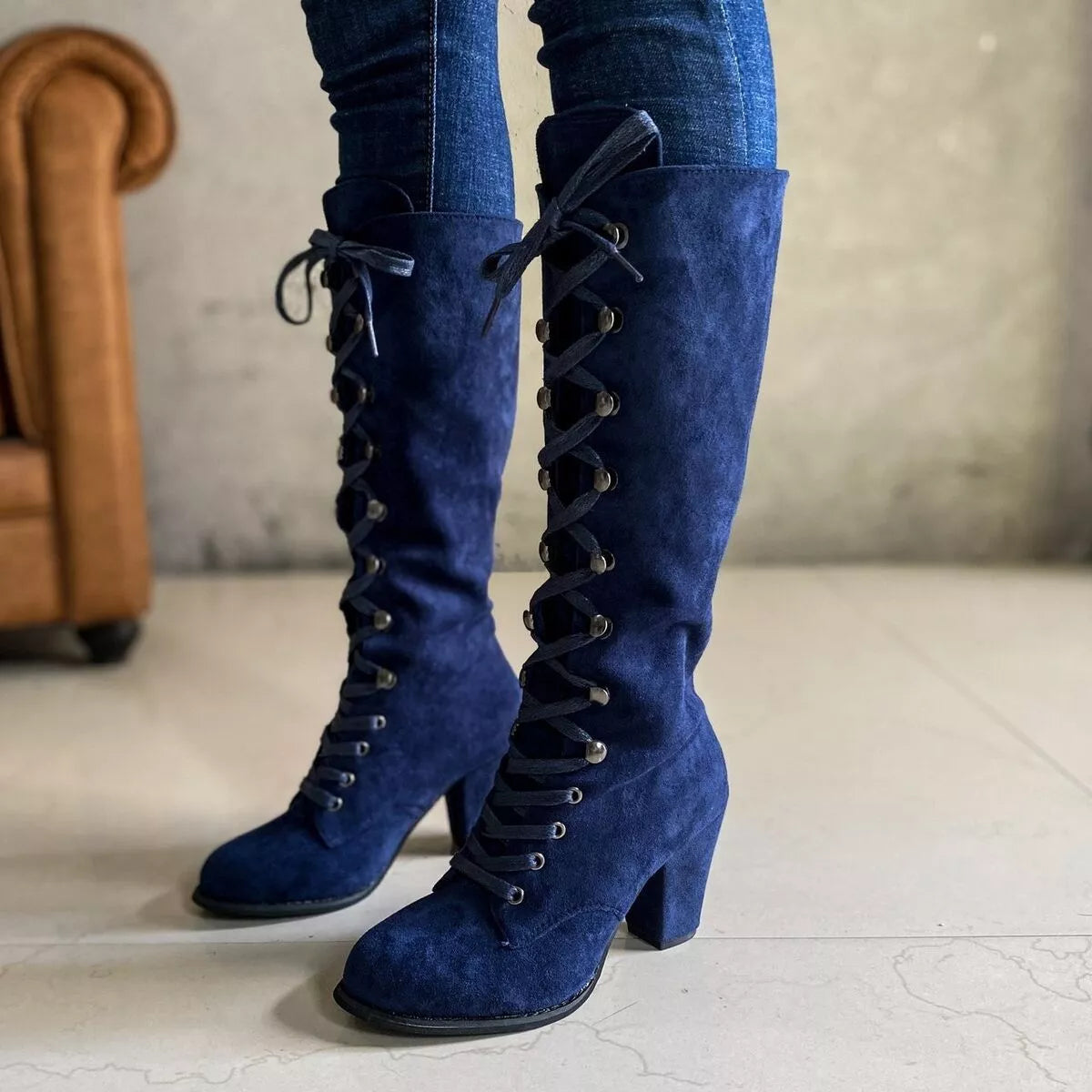 Lace up suede block heel boots, image 2