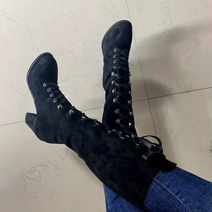 Lace up suede block heel boots, image 4