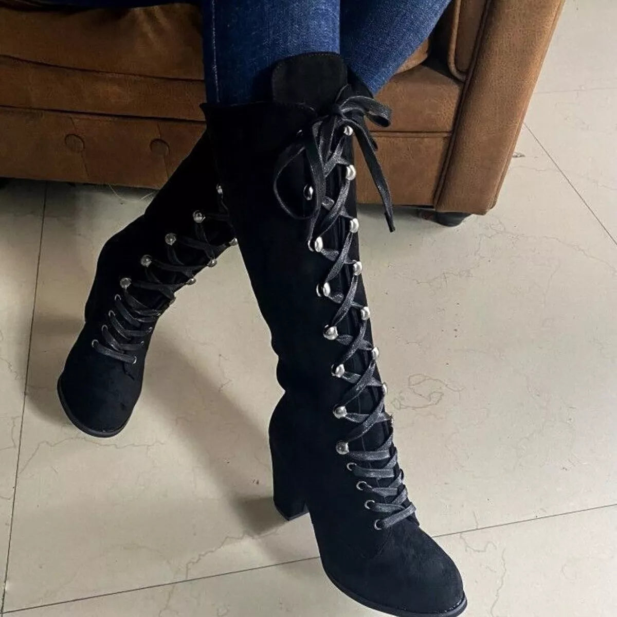 Lace up suede block heel boots, image 6
