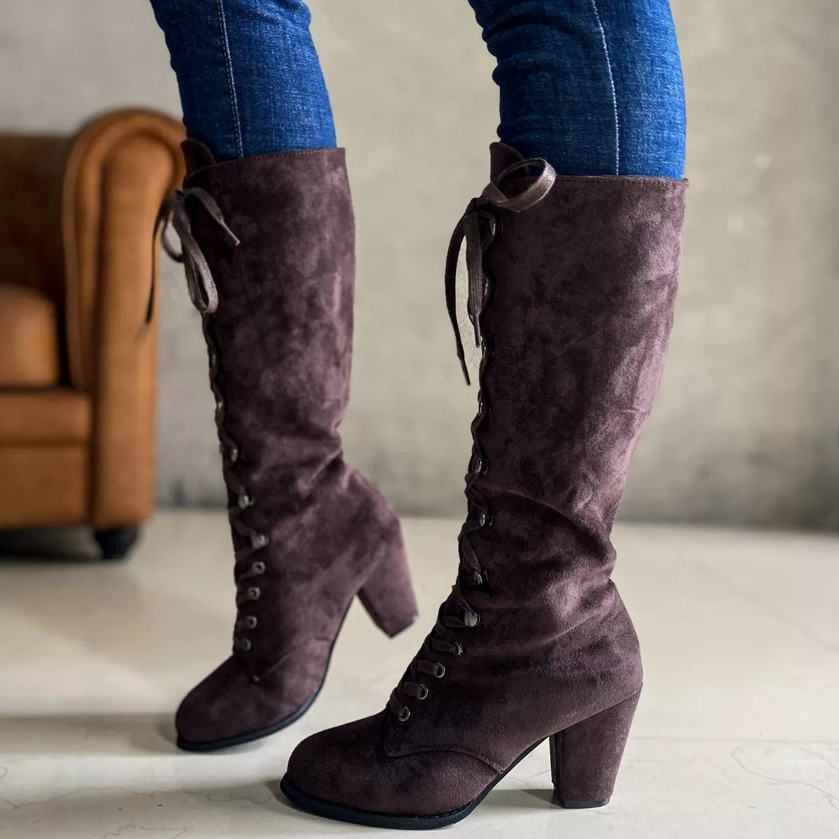 Lace up suede block heel boots, image 9
