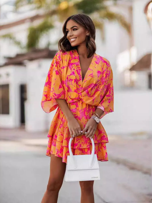 Layered printed surplice mini dress, front view