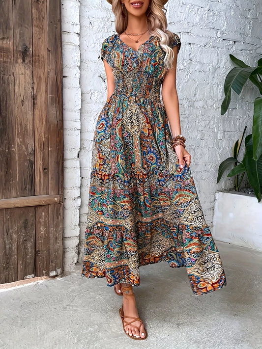 Paisley print cap sleeve tiered maxi dress, front view