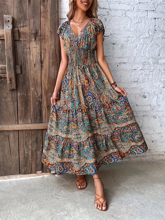 Paisley print cap sleeve tiered maxi dress, image 2
