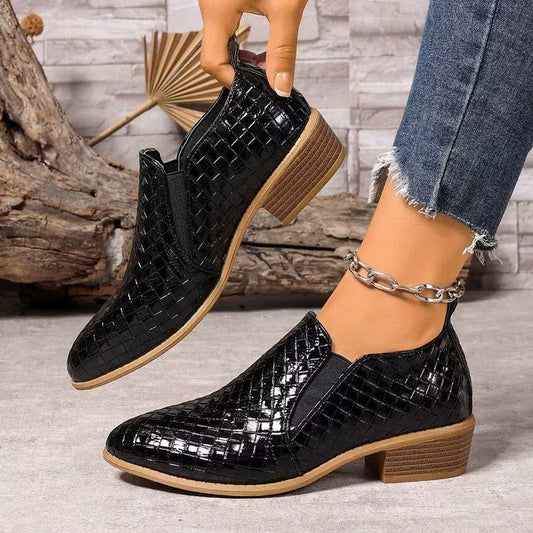 Point toe block heel ankle boots, side view