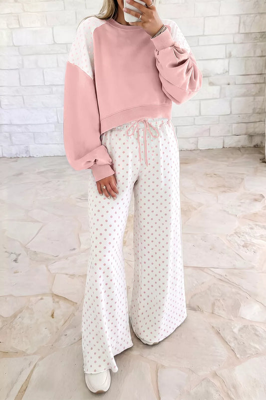 Polka dot cropped sweatshirt and wide-leg pants set, front view