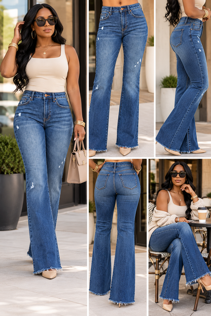 Risen distressed flare jeans multiple lifestyle styling views